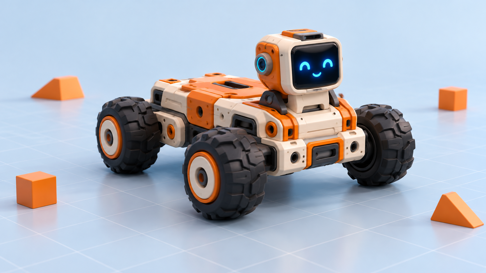 An orange and cream robotics rover with a friendly blue face on a simulation grid